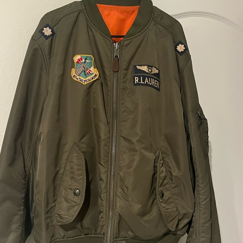 R. Lauren Olive Bomber Jacket with Patches